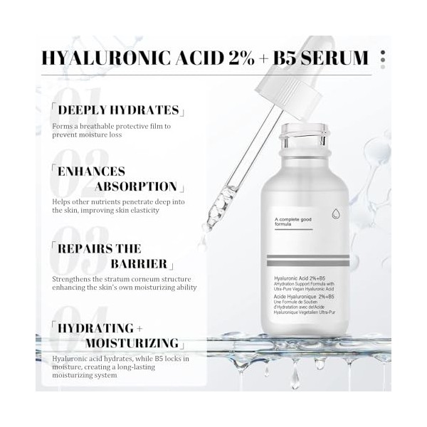 Serum Acide Hyaluronique Visage, Hyaluronic Acid 2% + B5, Acide Hyaluronique Serum Réduction Des Pores, Hydrate en Profondeur...