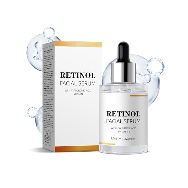Sérum pour le visage au rétinol avec acide hyaluronique et vitamine E - Anti-âge - Réduction des pores - Soin hydratant en pr