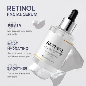 Sérum pour le visage au rétinol avec acide hyaluronique et vitamine E - Anti-âge - Réduction des pores - Soin hydratant en pr