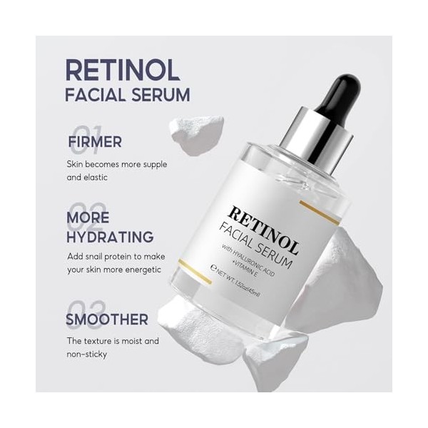 Sérum pour le visage au rétinol avec acide hyaluronique et vitamine E - Anti-âge - Réduction des pores - Soin hydratant en pr