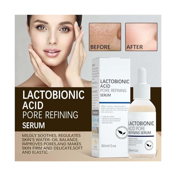 Sérum raffinage des pores avec acide lactobionique, sérum raffinage des pores, formule douce, nettoie les pores, rétrécit les