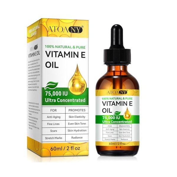 Sérum Visage à la vitamine E, Vitamine E Huile Pur - 75,000 IU, Anti-rides, Anti-âge, Réduit Cicatrices et Hydratant, Skincar