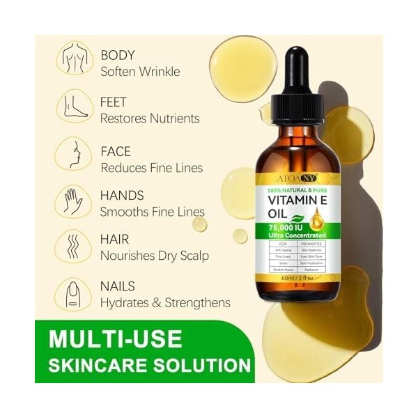 Sérum Visage à la vitamine E, Vitamine E Huile Pur - 75,000 IU, Anti-rides, Anti-âge, Réduit Cicatrices et Hydratant, Skincar