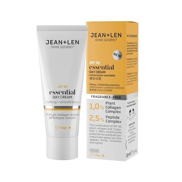 Jean & Len Essential Day Cream, idéal pour tous les types de peau, optimise la fermeté de la peau, avec SPF 30 et collagène v