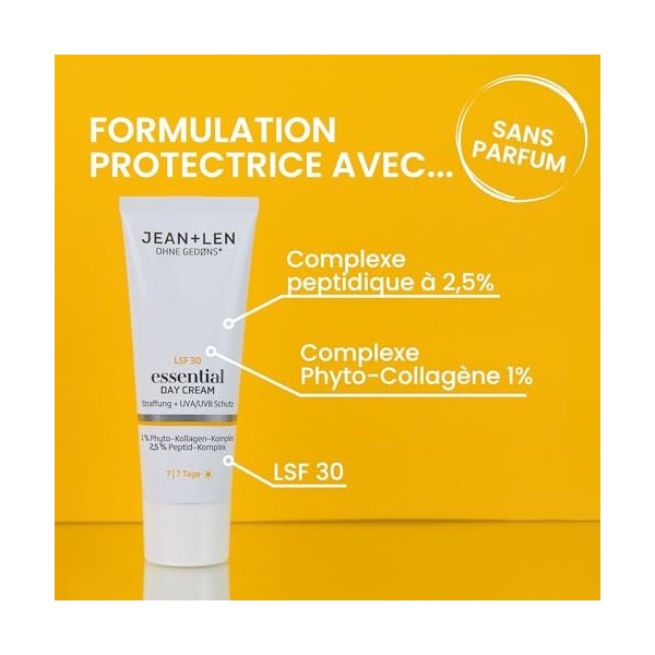 Jean & Len Essential Day Cream, idéal pour tous les types de peau, optimise la fermeté de la peau, avec SPF 30 et collagène v