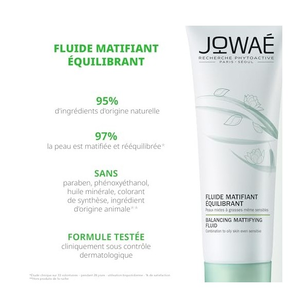 Jowaé - Fluide Matifiant Équilibrant au Lotus Sacré 40ml - Soin visage - Peaux mixtes à grasses - Peaux sensibles - 95% ding ...