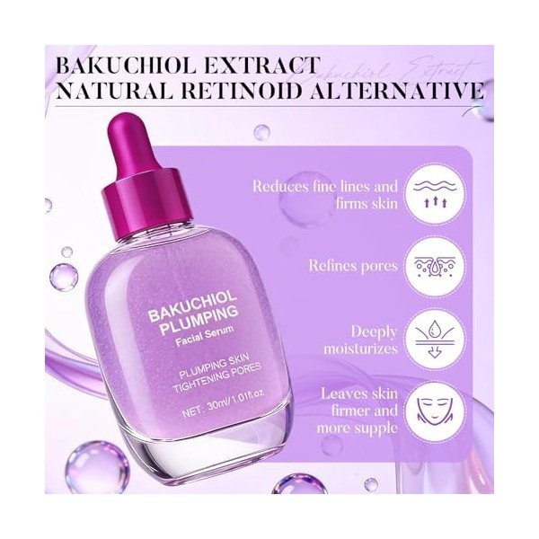 Bakuchiol Plumping Serum, Bakuchiol Serum Visage, Retinol Alternative, serum Hydratant Visage with Ceramide, Atténue les Ridu