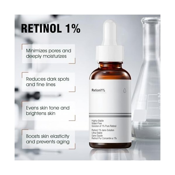 Retinol 1%, Retinol Serum Visage, Sérum de Rétinol Très Puissant pour les Signes de Vieillissement, serum anti rides, Réduit 