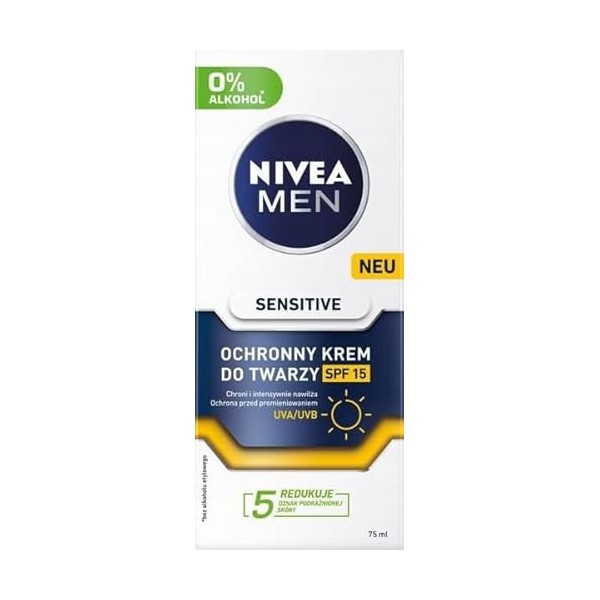 NIVEA Men Crème Hydratante Sensitive pour Visage avec SPF 15, Protection UV, Soin Apaisant pour Peaux Sensibles, 75 ml