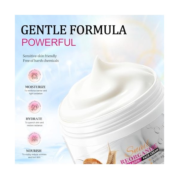 Crème de Collagène à la Bave d’Escargot 100g – Crème Visage Femme Hydratante et Anti-Rides, Soin Anti-Âge, Améliore l’Élastic...