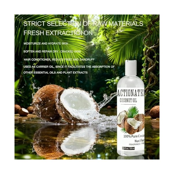 Virecose Huile de Coco Liquide 110ml, Coconut Oil, Huile de Coco Naturelle pour Favorise Croissance des Cheveux & Peau Hydrat