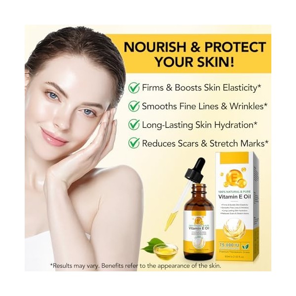 Huile pure de vitamine E pour la peau et les cheveux, 60 ml dextraits de plantes naturelles de vitamine E pour le visage, li