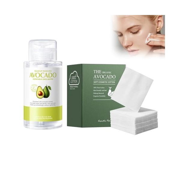 Hppsctink 300ml Lotion démaquillante à lavocat et 100pcs Cotons démaquillants à lavocat, huile nettoyante pour le visage, p
