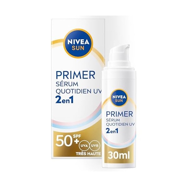 NIVEA SUN Sérum Primer Quotidien UV 2en1 SPF 50+ 1 x 30ml - Sérum Visage hydratant enrichi en Acide Hyaluronique - Base de 