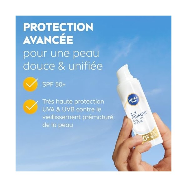 NIVEA SUN Sérum Primer Quotidien UV 2en1 SPF 50+ 1 x 30ml - Sérum Visage hydratant enrichi en Acide Hyaluronique - Base de 
