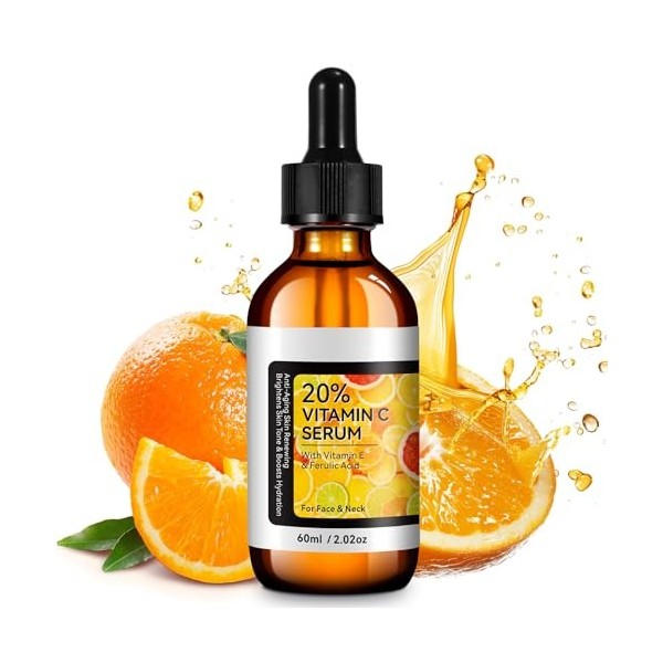 Sérum à la vitamine C pour le visage - 60 ml - 20 % de vitamine C - Hautement dosé avec vitamine E et acide hyaluronique - An