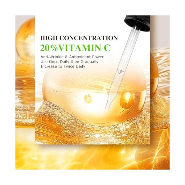Sérum à la vitamine C pour le visage - 60 ml - 20 % de vitamine C - Hautement dosé avec vitamine E et acide hyaluronique - An