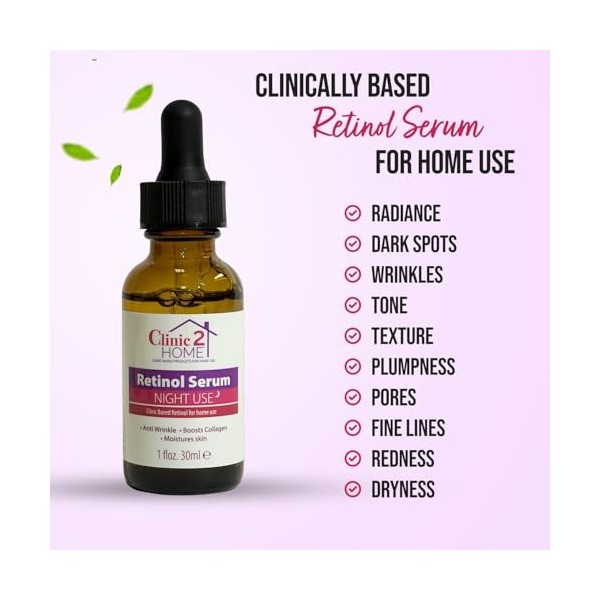 Sérum au rétinol Clinic2Home 30ml – Sérum visage anti-rides rapide. Stimule le collagène, hydrate, éclaircit & lisse la pea