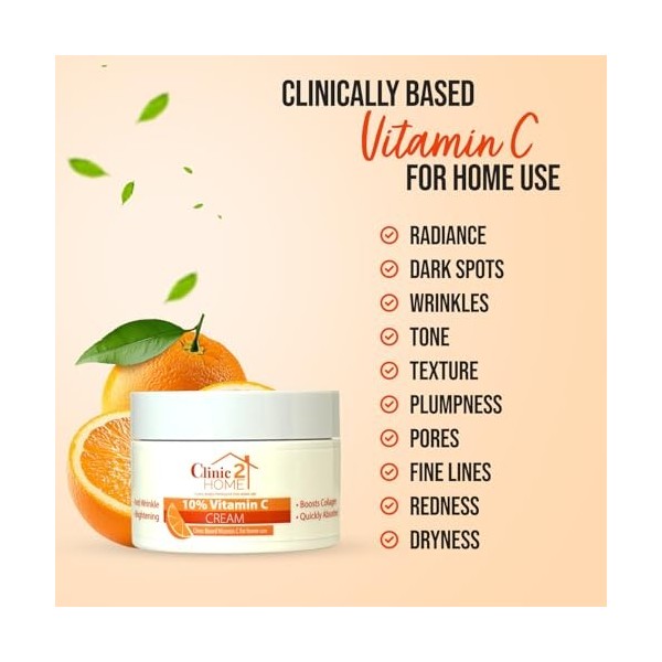 Clinic2Home Crème à la Vitamine C - Puissante Crème Visage à la Vitamine C 10% pour Taches Brunes, Rides et Lignes Fines - An