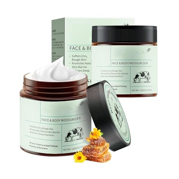 UptVin 2Pcs Beef Tallow Skin Care, Crème Hydratante Naturelle Suif de Bœuf Bio Baume de Suif de Bœuf au Miel pour le Visage e