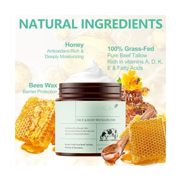 UptVin 2Pcs Beef Tallow Skin Care, Crème Hydratante Naturelle Suif de Bœuf Bio Baume de Suif de Bœuf au Miel pour le Visage e
