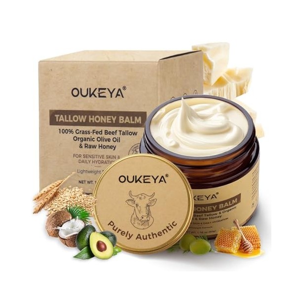OUKEYA Beef Tallow Cream Nutrition Profonde, avec Suif de Boeuf, Huile de Noix de Coco, Huile dOlive, Huile dAvocat, Miel, C...