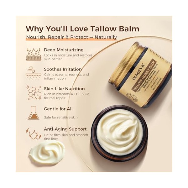 OUKEYA Beef Tallow Cream Nutrition Profonde, avec Suif de Boeuf, Huile de Noix de Coco, Huile dOlive, Huile dAvocat, Miel, C...
