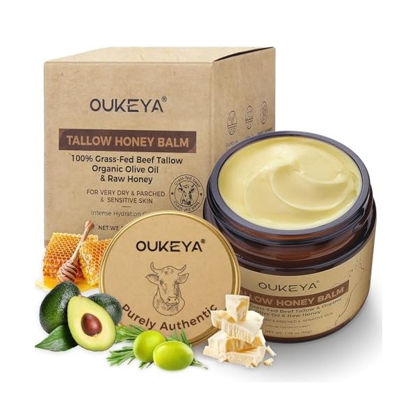 OUKEYA Beef Tallow Cream Nutrition Profonde, avec Suif de Boeuf, Huile de Noix de Coco, Huile dOlive, Huile dAvocat, Miel, C...
