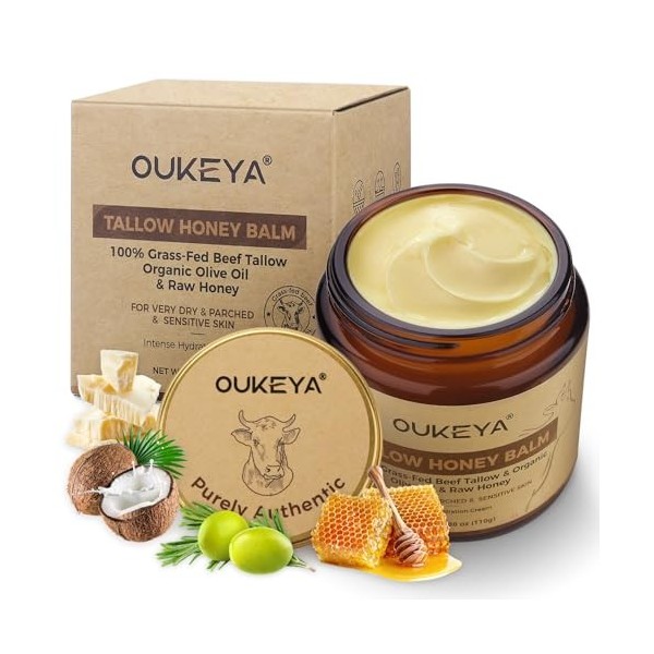 OUKEYA Beef Tallow Cream Nutrition Profonde, avec Suif de Boeuf, Huile de Noix de Coco, Huile dOlive, Huile dAvocat, Miel, C...