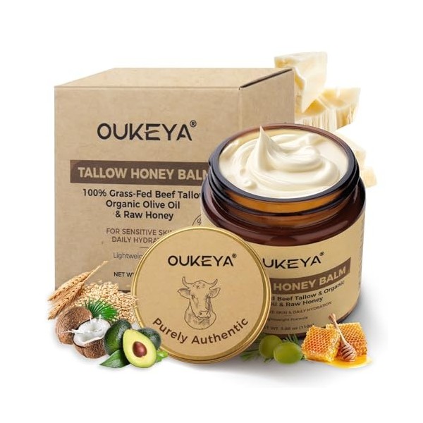 OUKEYA Beef Tallow Cream Nutrition Profonde, avec Suif de Boeuf, Huile de Noix de Coco, Huile dOlive, Huile dAvocat, Miel, C...