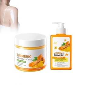 Hppsctink 300ml Lait Corporel au Curcuma et 240g Exfoliant au curcuma, Hydratant et Blanchissant, Nourrissant, Lotion Corpore