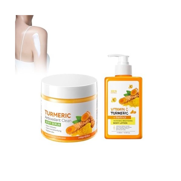 Hppsctink 300ml Lait Corporel au Curcuma et 240g Exfoliant au curcuma, Hydratant et Blanchissant, Nourrissant, Lotion Corpore