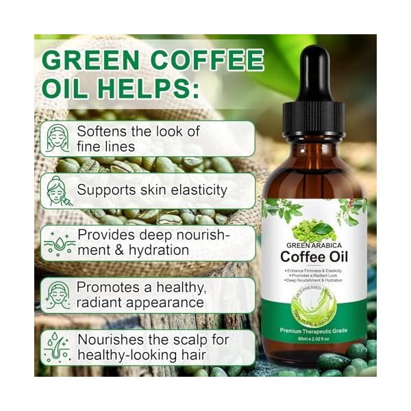 Huile de café pour le visage - 100 % pure et naturelle - Contre les rides - Pour le visage, le corps et les cheveux - Huile d