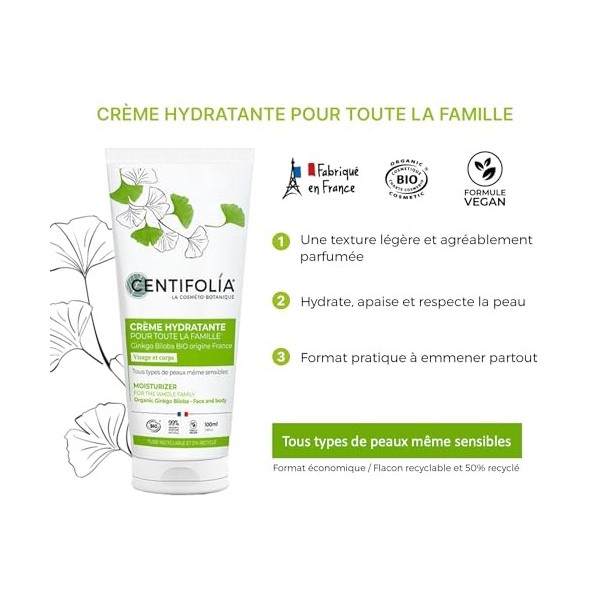 CENTIFOLIA | Crème Hydratante | Hydrate & Respecte la Peau | Absorption Rapide | Visage & Corps | Adaptés aux Peaux Sensibles...