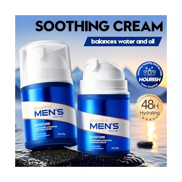 Hinapan Crème Hydratante Apaisante pour Homme 50g, Soin Nutrissant Équilibrant, Régule la Production de Sébum, Apaise et Adou