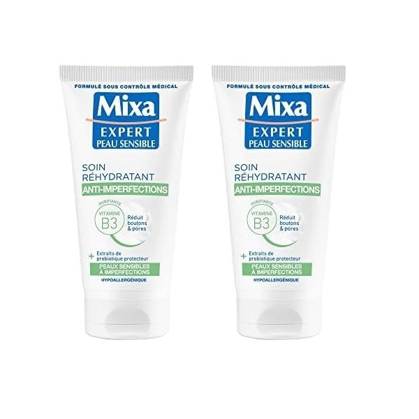 Mixa Expert Peau Sensible - Soin Très Hydratant Anti-Imperfections 2 en 1-50 ml Lot de 2 Crème Jour et Nuit