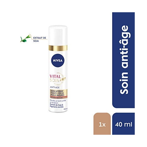 NIVEA Vital Soja Anti-Âge Soin Intensif Teinté Clair à Medium FPS 15 1x40 ml , sérum anti-âge enrichi en Soja & pigments tei