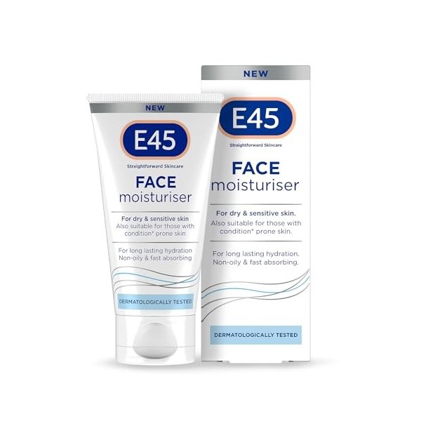 E45 Face hydratant 50ml - Crème pour le visage pour hydratation durable pour la peau sèche et sensible, dermatite et crème d