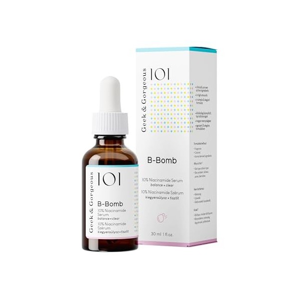Geek & Gorgeous B-Bomb – Sérum à 10% de niacinamide, zinc PCA et sarcosine, aide à élargir les pores, à la graisse et aux imp