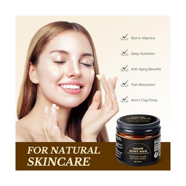 Beef Tallow Skin Care 60 g-soin de la peau au bœuf, baume à lherbe de bœuf, sébum issu de pâturage, miel brut, crème hydrata ...