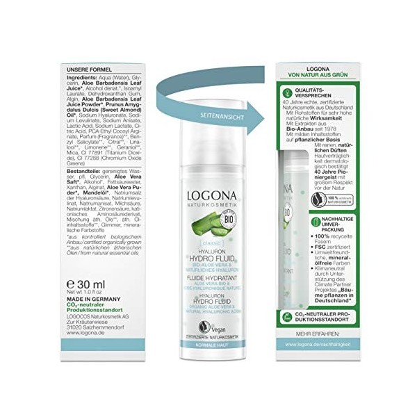 LOGONA Naturkosmetik Sérum hyaluronique à laloe vera bio hautement concentré et à lacide hyaluronique, Hydro Fluid hydrate 