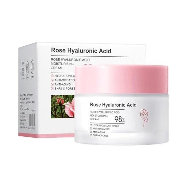 Rose Day Crème pour le visage à lhuile de rose naturelle, crème hydratante à lacide hyaluronique, crème hydratante et raffe