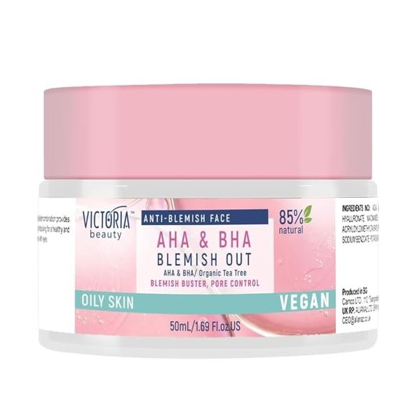 Victoria Beauty - AHA BHA Crème visage anti-boutons à lhuile darbre à thé et à lacide salicylique pour les peaux impures e Cr...