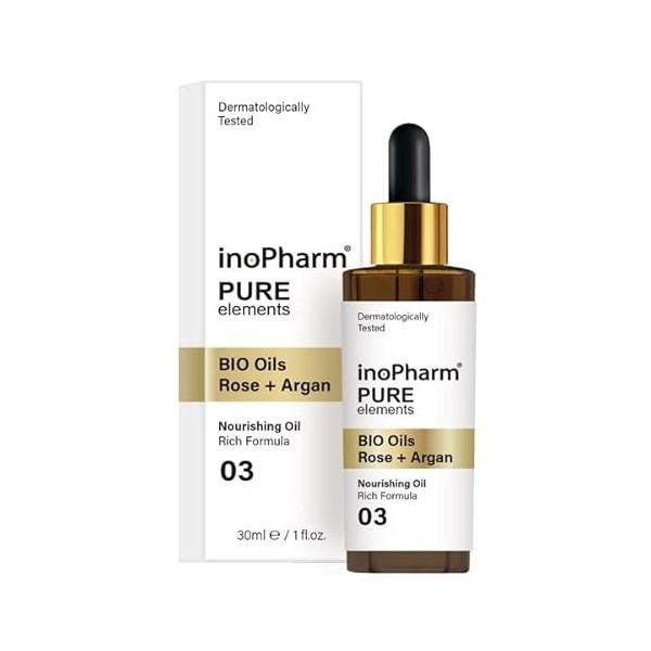 inoPharm Pure Elements Sérum pour le visage à lhuile de rose et dargan bio | Sérum dhuile sèche nourrissant avec formule r
