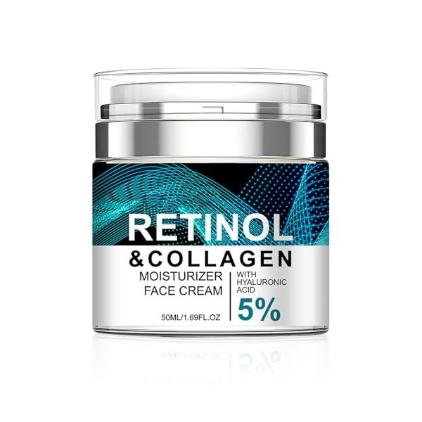 Retinol Cream Hydratant Visage, Crème Anti-âge au Collagène, 5% dacide Hyaluronique, Anti-Rides, Réduit les Ridules, Night R