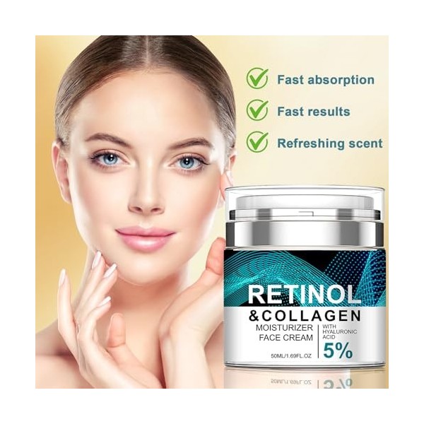 Retinol Cream Hydratant Visage, Crème Anti-âge au Collagène, 5% dacide Hyaluronique, Anti-Rides, Réduit les Ridules, Night R