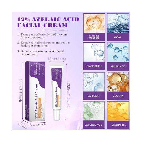 Sérum pour Visage à Lacide Azélaïque 12% Crème de soin peau Beauté avec Niacinamide et Vitamine C Crème Anti-acné Sérum pour