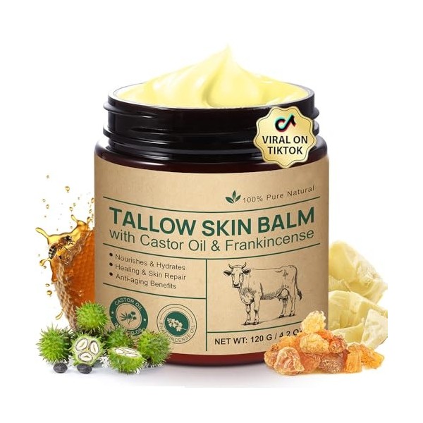 Crème hydratante à lhuile de ricin et à lhuile doliban - 120 g de suif de bœuf pour les soins de la peau - Crème hydratant