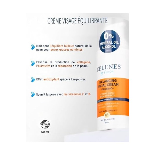 Celenes Creme Hydratante Visage à lArgousier avec Vitamine C+ 50mL - Creme Visage Femme & Creme Visage Homme Naturelle, Crèm ...