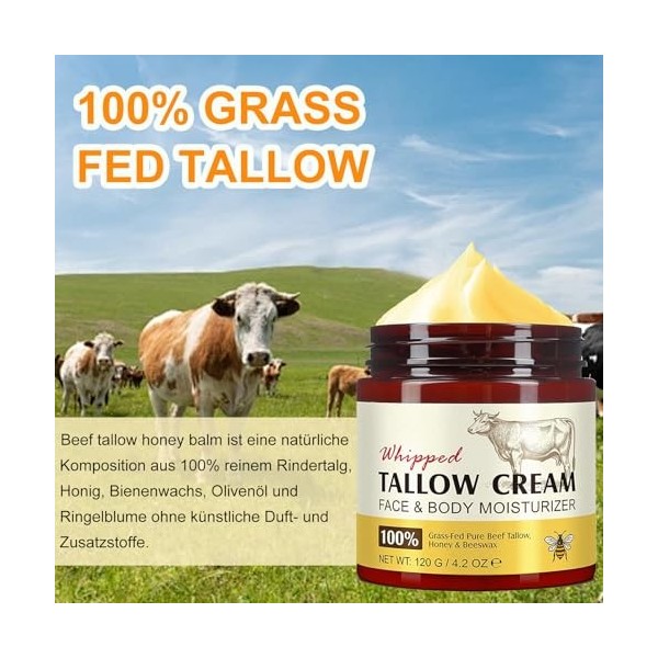 Alg de bœuf pour la peau, crème de bœuf Tallow Tallow Skincare bio Beef Tallow Skincare, suif de bœuf et baume au miel, 100 %